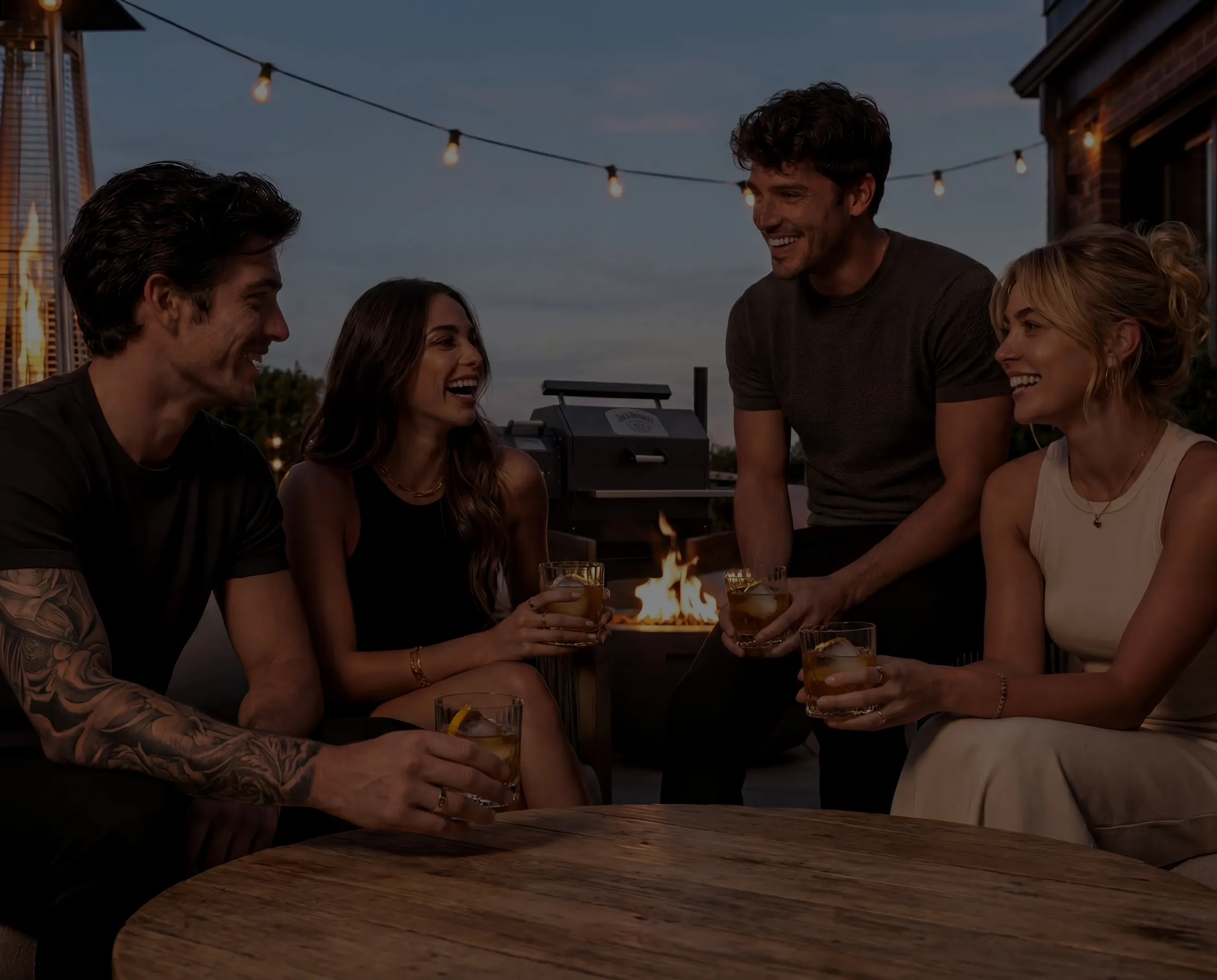 Friends gathered around a fire with the Jack Daniel’s Yoder grill