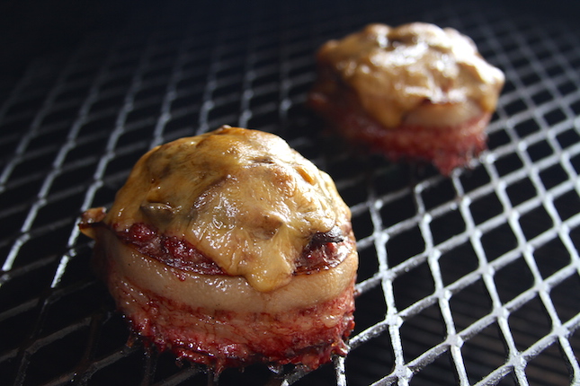 Beer-Can Bacon Mushroom Swiss Burger on grill